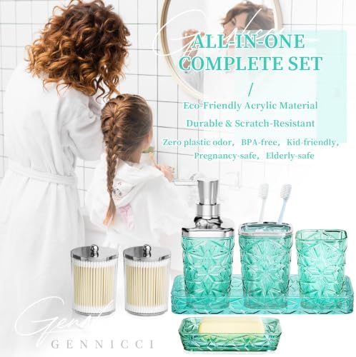 Bathroom Accessories Set, 7 Pcs Teal Bathroom Set, Acrylic Soap Dispenser and Toothbrush Holder Set, Qtip Holder Set, Bathroom Sink Set, Gift for Home Apartment