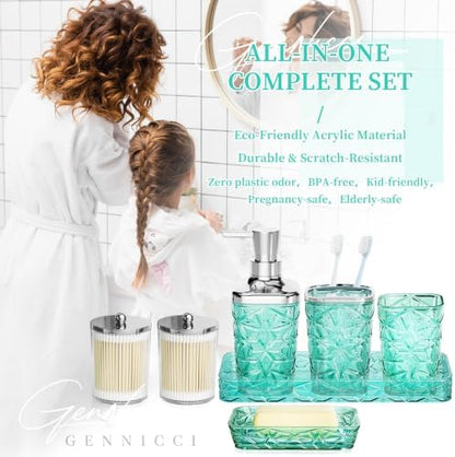 Bathroom Accessories Set, 7 Pcs Teal Bathroom Set, Acrylic Soap Dispenser and Toothbrush Holder Set, Qtip Holder Set, Bathroom Sink Set, Gift for Home Apartment
