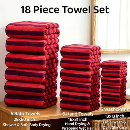 18 Pcs Red Black Cabana Stripe Bath Towel Set with Hanging Loop-6 Bath Towels,6 Hand Towels,6 Washcloths Family Towels Soft Microfiber Highly Absorbent Shower Towel for Bathroom Beach Spa Gym