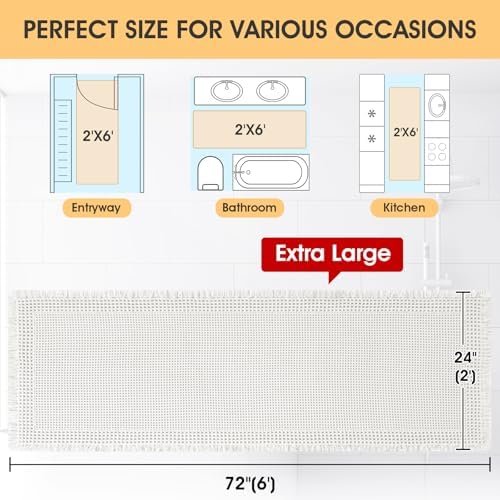 IM HOME Extra Large Waffle Bath Mat, Boho Bathroom Rugs Absorbent Non Slip, Ultra Soft Bathroom Mat, Machine Washable Knit Bath Rugs with Border for Bathroom, Bedroom, Kitchen, Shower, 6'x2', White