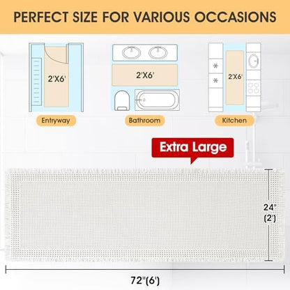IM HOME Extra Large Waffle Bath Mat, Boho Bathroom Rugs Absorbent Non Slip, Ultra Soft Bathroom Mat, Machine Washable Knit Bath Rugs with Border for Bathroom, Bedroom, Kitchen, Shower, 6'x2', White