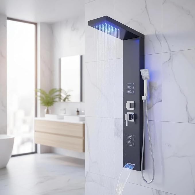 Shower Tower Panel System with LED Rainfall Shower Head, Stainless Steels Shower Tower System 2-in-1 Body Jets,Handheld Showerhead,Bathtub Filler Black-8127