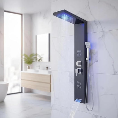 Shower Tower Panel System with LED Rainfall Shower Head, Stainless Steels Shower Tower System 2-in-1 Body Jets,Handheld Showerhead,Bathtub Filler Black-8127