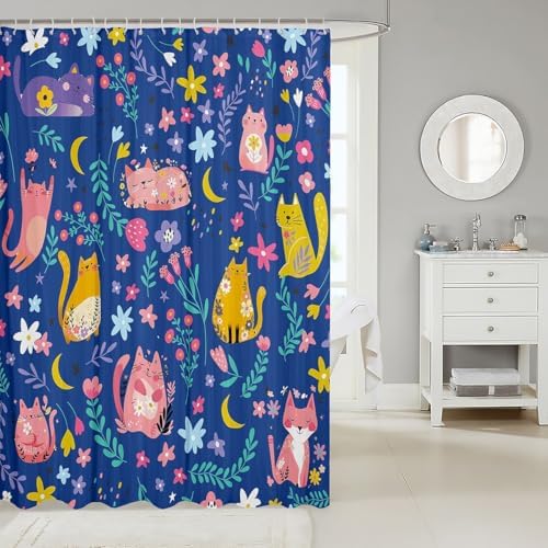Feelyou Kids Funny Cats Shower Curtain Girls Cute Flower Cartoon Kitty Kitten Bathroom Waterproof Accessories with 12 Hooks 72x72 Inches Animal Theme Girly Kawaii Room Blue Decor
