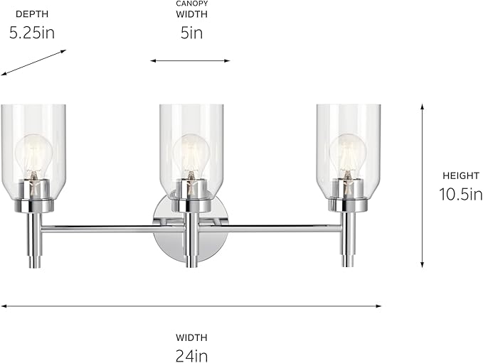 Kichler Madden 3-Light Vanity with Clear Glass in Chrome, Sloped Ceiling Compatible, for Single Vanity in Bathroom (10.5" x 24"), 55185CH