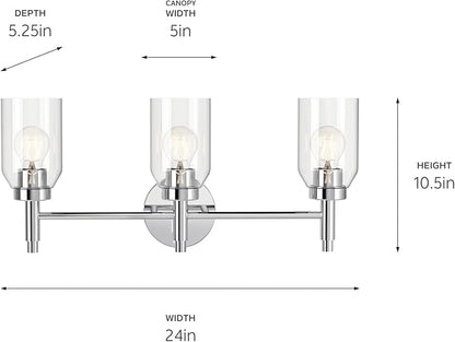 Kichler Madden 3-Light Vanity with Clear Glass in Chrome, Sloped Ceiling Compatible, for Single Vanity in Bathroom (10.5" x 24"), 55185CH