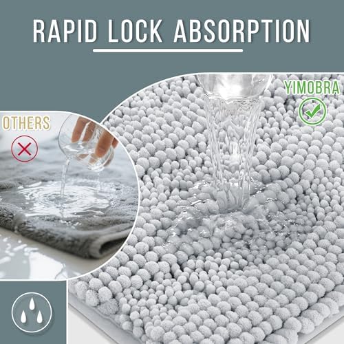 Yimobra Bathroom Rug Mat 24 x 17, Non Slip and Super Absorbent Bath Mat,Machine Washable Quick Dry,Ultra Plush Chenille Shower Rugs for Bathroom Floor Sink Tub and Shower Outside,Silver