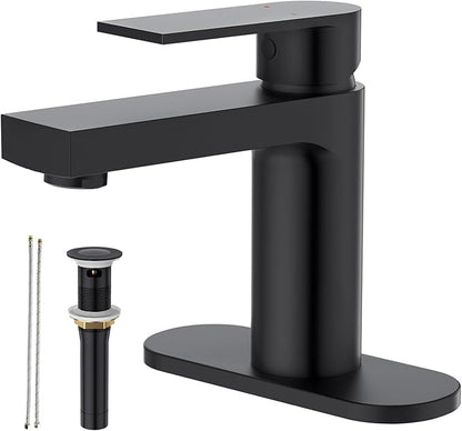 Matte Black Single Hole Bathroom Faucet, 1 Handle Bathroom Vanity Sink Faucet with Metal Pop-Up Drain & PEX Supply Lines & Deck Plate for 1 or 3 Hole, Black