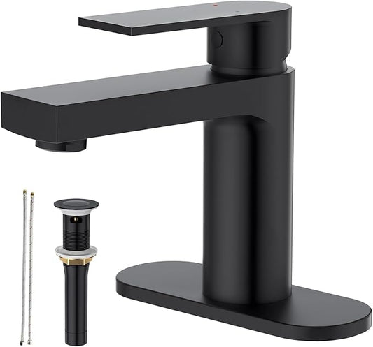 Matte Black Single Hole Bathroom Faucet, 1 Handle Bathroom Vanity Sink Faucet with Metal Pop-Up Drain & PEX Supply Lines & Deck Plate for 1 or 3 Hole, Black