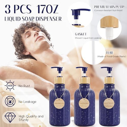 XLHOMO 30PCS Navy Blue Bathroom Accessories Set with Waffle Shower Curtain,Trash Can,3PCS Lotion Soap Dispenser, Toothbrush Holder, Soap Dish,Tumbler Cup,6PCS Wood Tags Bath Accessories with Tray