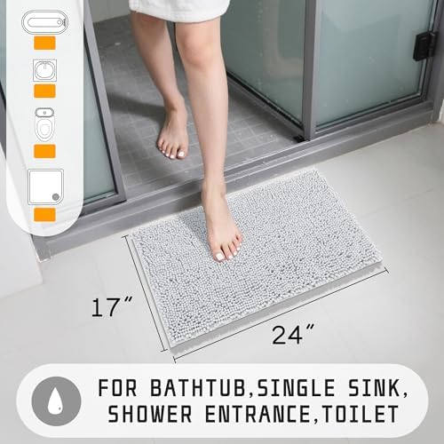 Yimobra Washable Bathroom Rugs, Super Soft & Absorbent Chenille Bath Mat for Floor & Carpet, Quick Dry Non Slip Bath Mat for Tub Shower, 24" x 17",Silver