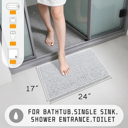 Yimobra Washable Bathroom Rugs, Super Soft & Absorbent Chenille Bath Mat for Floor & Carpet, Quick Dry Non Slip Bath Mat for Tub Shower, 24" x 17",Silver
