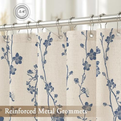 Navy Blue Farmhouse Linen Shower Curtain, Boho Floral Fabric, 72 x 84