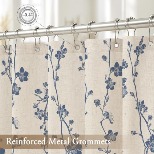 Navy Blue Farmhouse Linen Shower Curtain, Boho Floral Fabric, 72 x 72