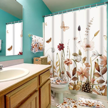 Honoson Fall Wildflower Shower Curtain Bathroom Set with Rug and Towls
