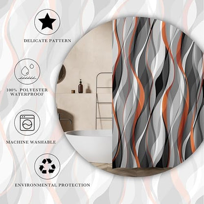 Orange and Grey Shower Curtain for Bathroom - Modern Abstract Striped Minimalist Fabric Bath Curtain Set, Waterproof, Black Gray Orange, 72 x 72 Inch