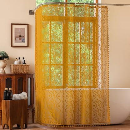 WAZZIO Yellow Lace Shower Curtain for Bathroom 72" W x 72" L, Victorian Farmhouse Floral Pattern Tassel Fancy Shower Curtain Boho Washable Cloth Decorative Bath Curtains,1 Panel