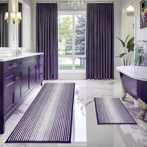BSICPRO Bathroom Rugs Sets 2 Piece, Non Slip Striped Bath Mats, Mauve Wine