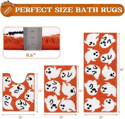 Pauwer Halloween Bathroom Rugs Sets 3 Piece, Fall Bath Mats, Orange Ghost