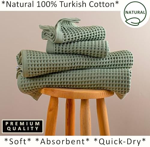 PÜSKÜL Natural 100% Turkish Cotton Waffle Towels Set of 4-Piece, Sage Green