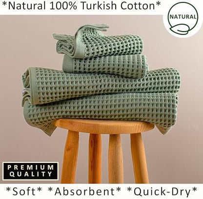 PÜSKÜL Natural 100% Turkish Cotton Waffle Towels Set of 4-Piece, Sage Green