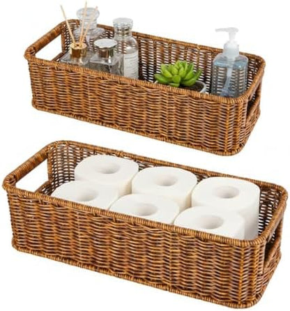 2pcs Toilet Paper Basket, Rectangular Wicker Bathroom Storage Basket, Waterproof Handwoven Toilet Paper Rolls Organizer Baskets for Apartment, Bedroom, Bathroom, Kitchen Shelf (Coffee Brown)