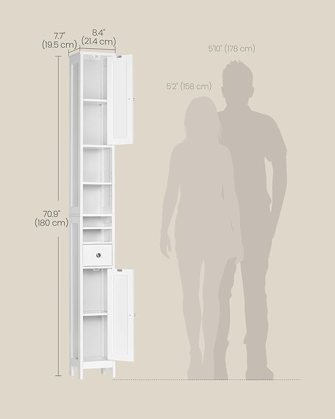 VASAGLE Tall Storage Cabinet, Slim Freestanding Floor Cabinet with Adjustable Shelves, Drawer, Open Compartments, for Small Spaces, Bathroom, Living Room, Modern, Cloud White UBBC765W01