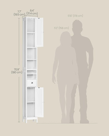 VASAGLE Tall Storage Cabinet, Slim Freestanding Floor Cabinet with Adjustable Shelves, Drawer, Open Compartments, for Small Spaces, Bathroom, Living Room, Modern, Cloud White UBBC765W01