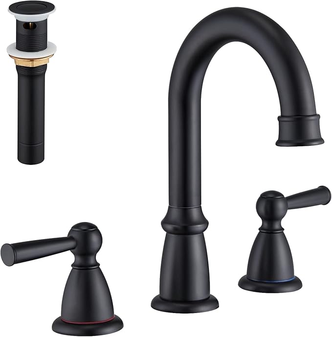 CREA Widespread Bathroom Faucet Black 3 Hole Sink Faucet 8 inch with Pop Up Drain 2 Handle 4 inch Faucets for Vanity Lavatory Basin Restroom Bath Sink