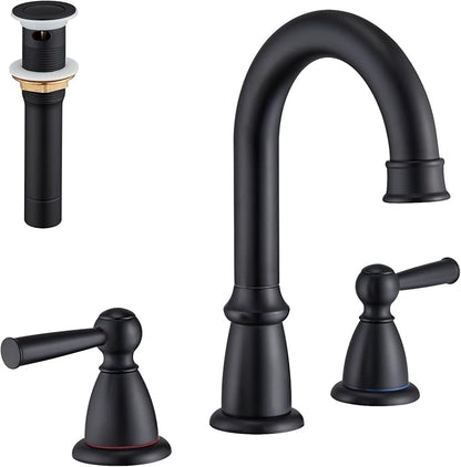 CREA Widespread Bathroom Faucet Black 3 Hole Sink Faucet 8 inch with Pop Up Drain 2 Handle 4 inch Faucets for Vanity Lavatory Basin Restroom Bath Sink