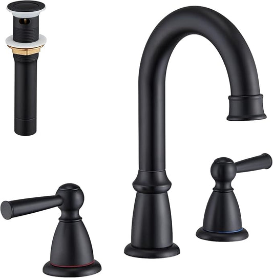 CREA Widespread Bathroom Faucet Black 3 Hole Sink Faucet 8 inch with Pop Up Drain 2 Handle 4 inch Faucets for Vanity Lavatory Basin Restroom Bath Sink