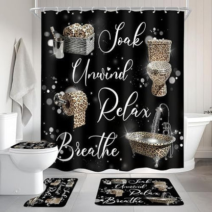 Cheetah Leopard Brown Women Cool 4Pcs Bathroom Shower Curtain Set with Rugs
