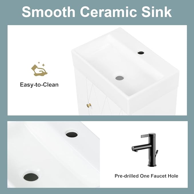 20" Floating Small Bathroom Vanity with Sink, Wall Mounted Vanity for Compact Bathrooms, Space-Saving Narrow Bathroom Vanities with Soft-Close Door Open Shelf Towel Bar (White,20" Floating Door)
