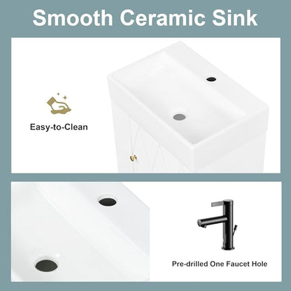 20" Floating Small Bathroom Vanity with Sink, Wall Mounted Vanity for Compact Bathrooms, Space-Saving Narrow Bathroom Vanities with Soft-Close Door Open Shelf Towel Bar (White,20" Floating Door)