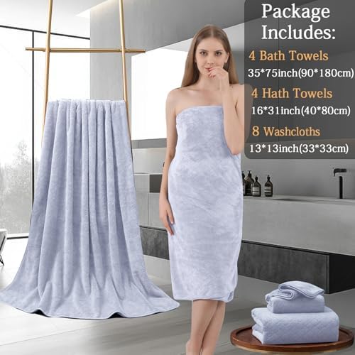 8-Piece Bath Towels Set,2 Oversized Bath Sheet,2 Hand Towels and 4 Washcloths - 600 GSM Soft Microfiber Highly Absorbent Quick Dry Shower Towel Collection for Bathroom Hotel and Spa,Light Purple