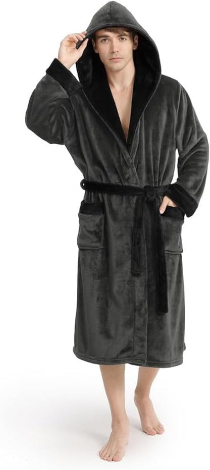 Yurhap Luxury Mens Robe with Hood, Ultra Cozy Fleece Bathrobe for Men, Plush Hooded Robe with Belt & 2 Pockets