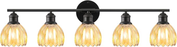 Bathroom Light Fixtures, 5-Light Brushed Black Vanity Lights for Bathroom with Amber Tulip Glass Shade, 30" Vintage Bathroom Vanity Lighting Fixtures Over Mirror for Bedroom Living Room Hallway