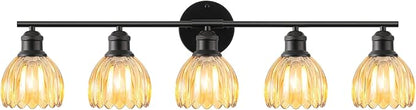 Bathroom Light Fixtures, 5-Light Brushed Black Vanity Lights for Bathroom with Amber Tulip Glass Shade, 30" Vintage Bathroom Vanity Lighting Fixtures Over Mirror for Bedroom Living Room Hallway