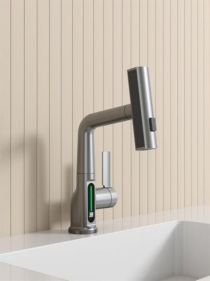 Bathroom One Hole Sink Basin Faucet with Waterfall Pull Down Sprayer,Vanity Single Handle 1 Hole RV Kitchen Pull Out Faucet with Rainfall Spray Head Temperature Digital Display Mixer Tap Grey