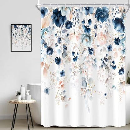 Small Stall Flower Blue Pink Spring Bathroom Shower Curtain Set