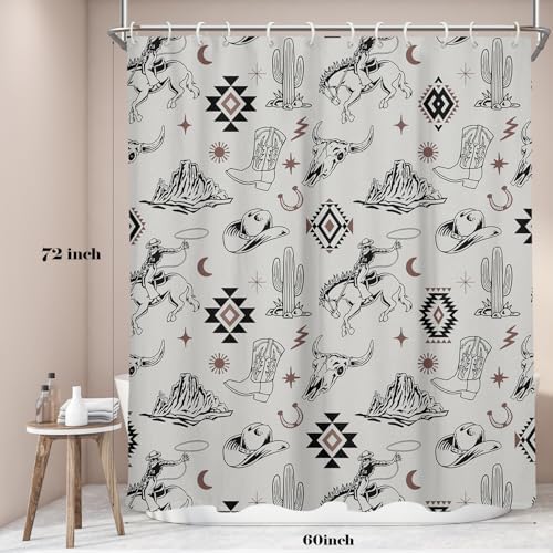 EGIGCC Western Cowboy Shower Curtain, Gray Aztec Southwestern Desert Cactus Bathroom Decor, Farmhouse Country Tribal Fabric Drapes for Men Boys, 60x72 Inch, 12 Hooks