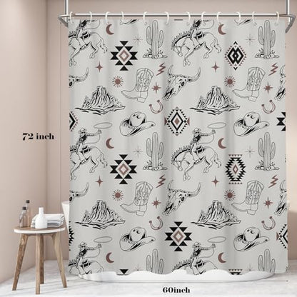 EGIGCC Western Cowboy Shower Curtain, Gray Aztec Southwestern Desert Cactus Bathroom Decor, Farmhouse Country Tribal Fabric Drapes for Men Boys, 60x72 Inch, 12 Hooks