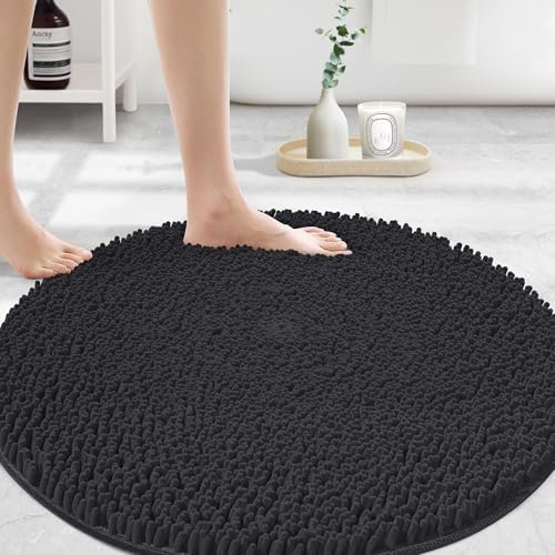 MAYSHINE Round Area Rug Set for Bathroom | Soft Plush Chenille Bath Mat, Water Absorbent Non-Slip Bathroom Rug | Washable Shag Carpet for Shower, Bedroom, or Home Décor | 36"x36" (Round) | Black