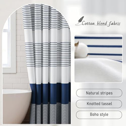 Navy Blue Coastal Ocean Cotton Striped Shower Curtain with Tassel 72W X 78L