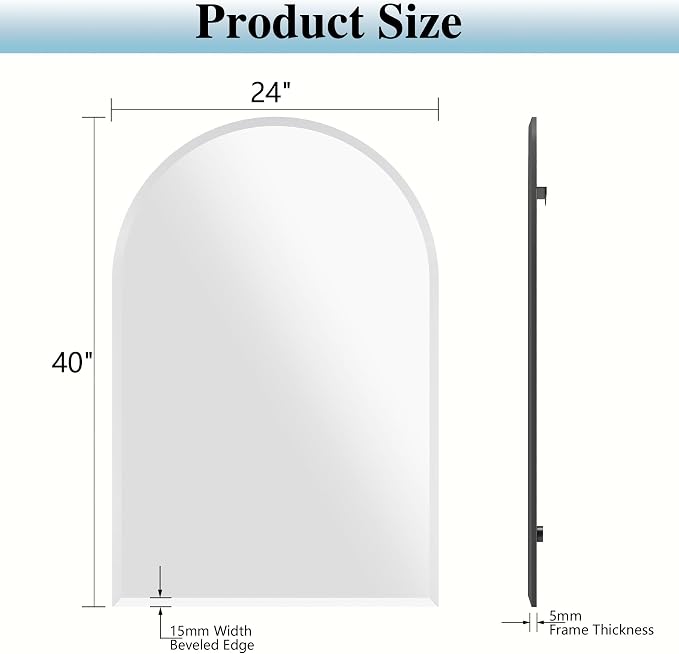 Frameless Bathroom Mirror, 24"x40" Beveled Arched Wall Mirrors | Frameless, 15mm beveled edge, 5mm HD glass, shatterproof, anti-rust, french cleat, for bathroom/bedroom/entryway