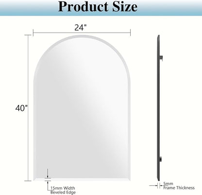 Frameless Bathroom Mirror, 24"x40" Beveled Arched Wall Mirrors | Frameless, 15mm beveled edge, 5mm HD glass, shatterproof, anti-rust, french cleat, for bathroom/bedroom/entryway