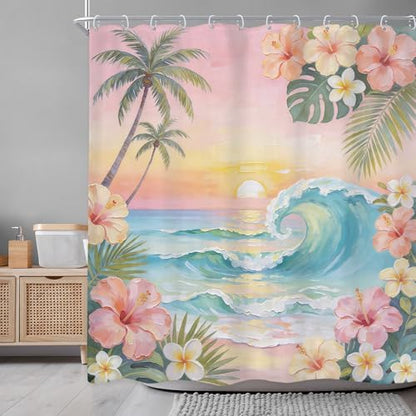 Ocean Coastal Pink Floral Palm Leaves Flower Bathroom Shower Curtain Set