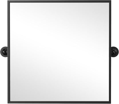 26"x26" Square Black Mirror,Pivot Mirror for Bathroom,Tilt Beveled Vanity Mirror,Metal Frame Piovting Mirror Hanging for Bedroom Entryway Living Room Farmhouse