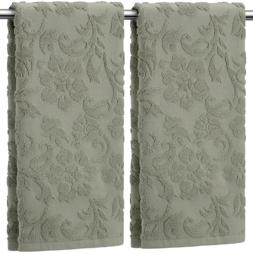 SmoothNovelty 2 Pcs Olive Green Floral Jacquard Hand Towels for Bathroom