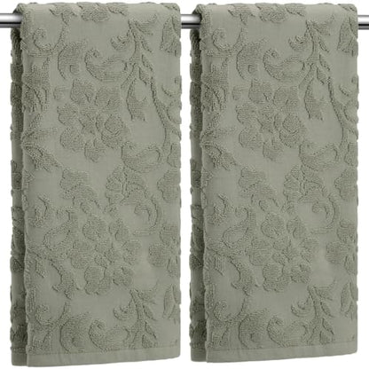 SmoothNovelty 2 Pcs Olive Green Floral Jacquard Hand Towels for Bathroom